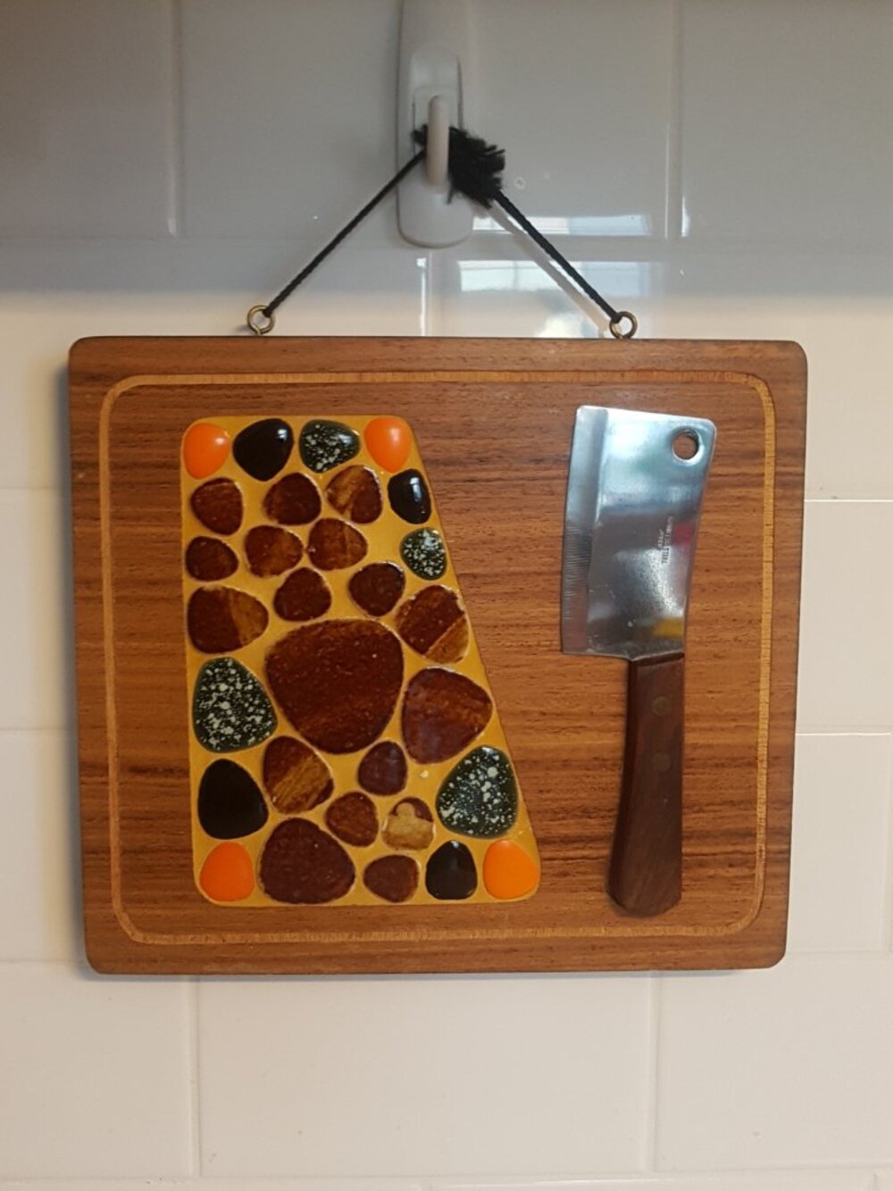 Magnetic Cheese Board with Knife and Unique Ceramic Pebble Inlay (MCM 1970s)